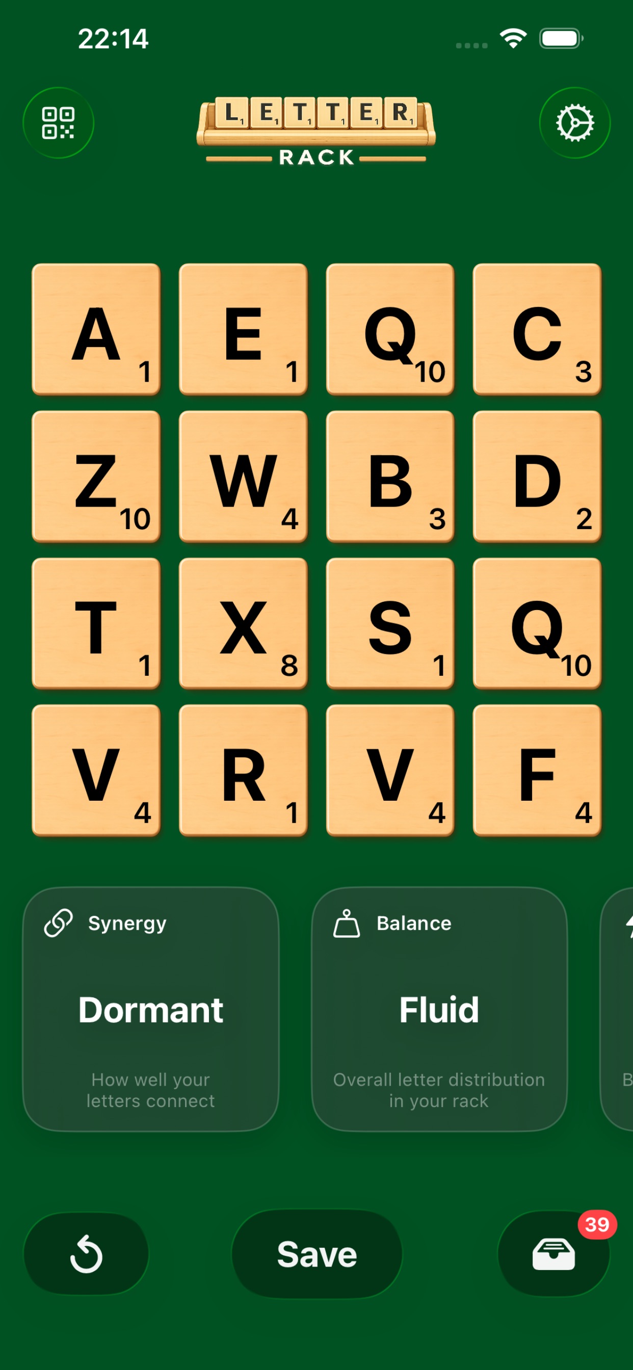 LetterRack screenshot showing the letter rack ready for a performance