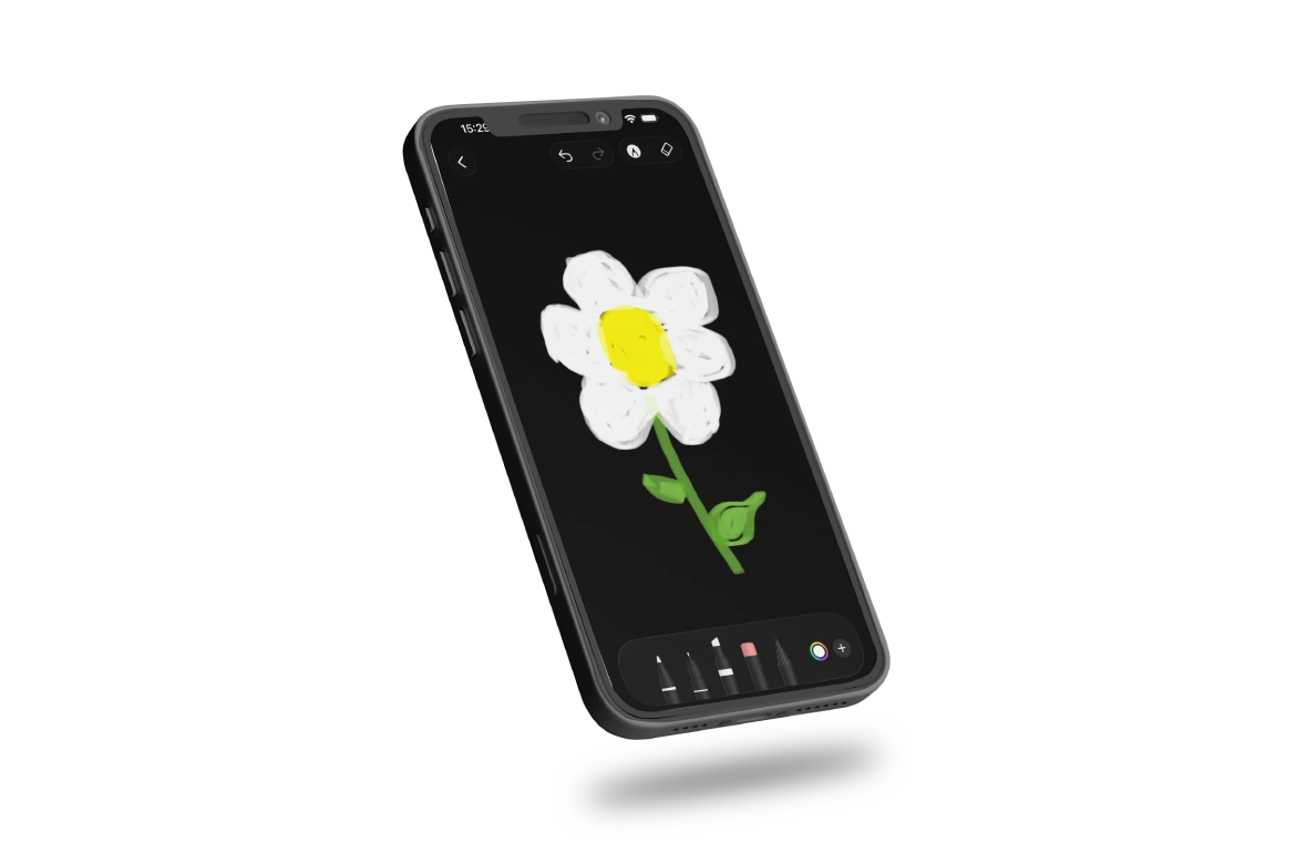 WingCue's drawing screen, a flower sketched on a black canvas